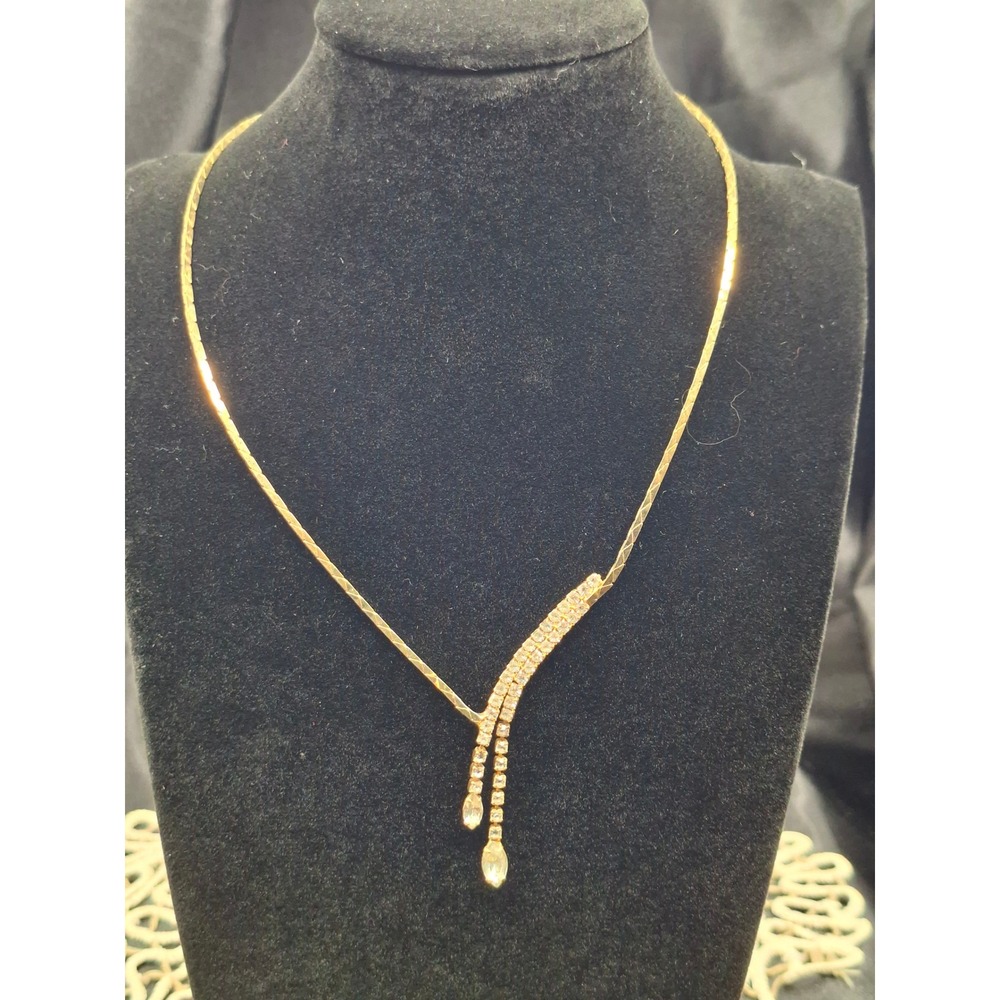 Vintage Gold Tone Herringbone Rhinestone Asymmetrical V Drop Necklace Crystal
